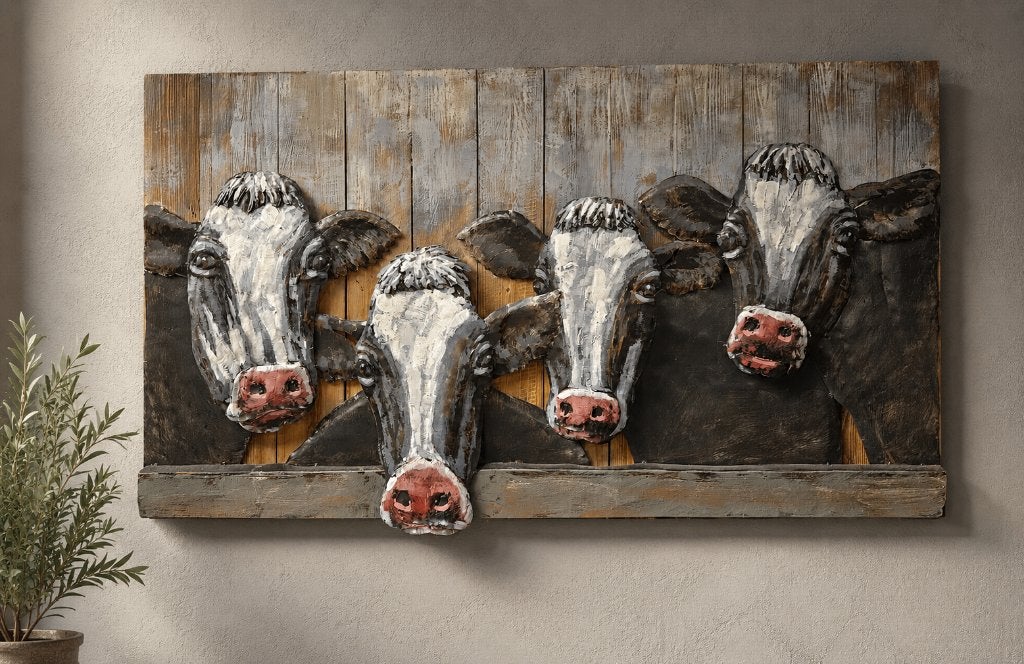 KOEIEN / SCHILDERIJ / 3D / van hout en metaal, Schilderij, 80 cm, Nieuw, 120 cm