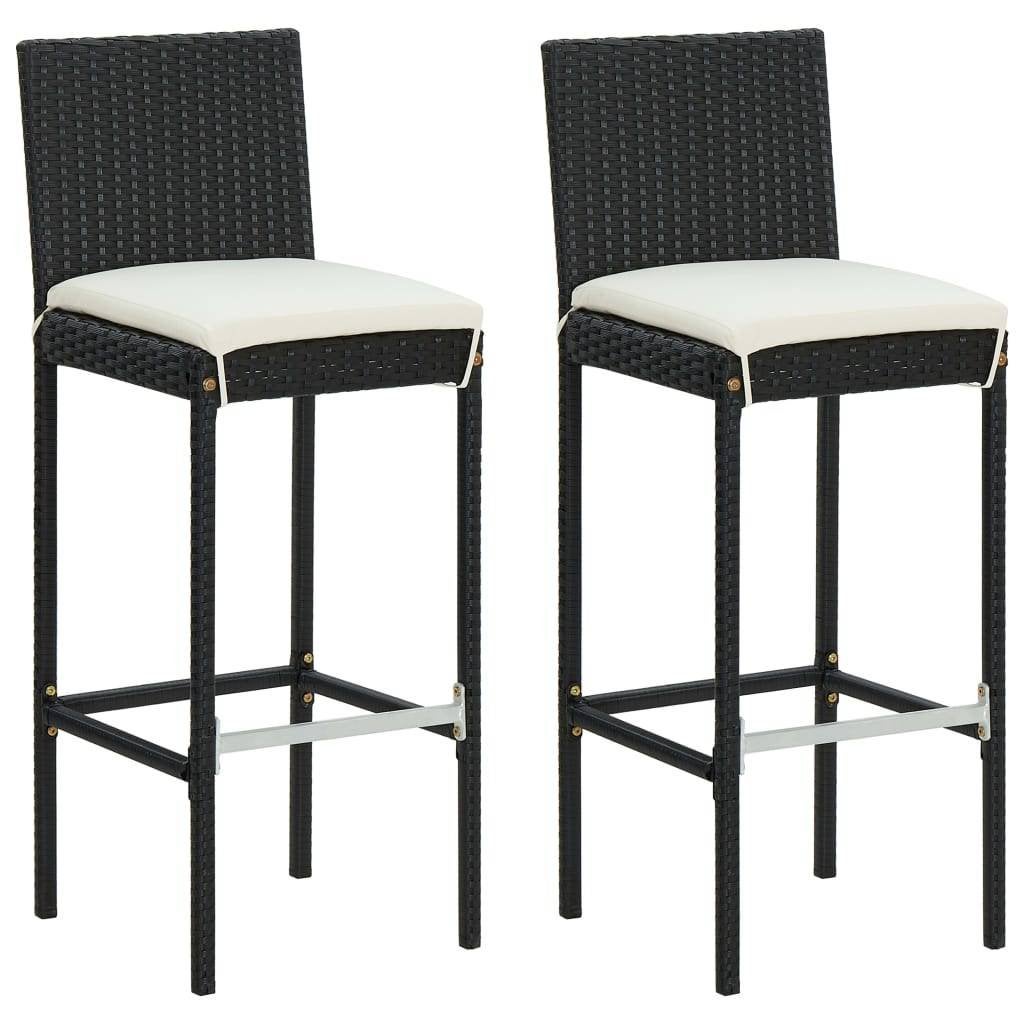 Barkrukken met kussens 2 st poly rattan zwart, Ophalen, Met voetsteun, 60 tot 90 cm, Hout