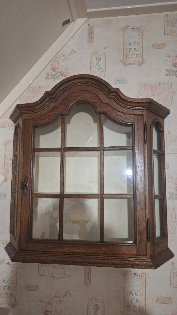 Antieke eikenhouten wandvitrinekast met glas en planken, Huis en Inrichting, Ophalen, Eikenhout, Klassiek, Antiek, 50 tot 100 cm