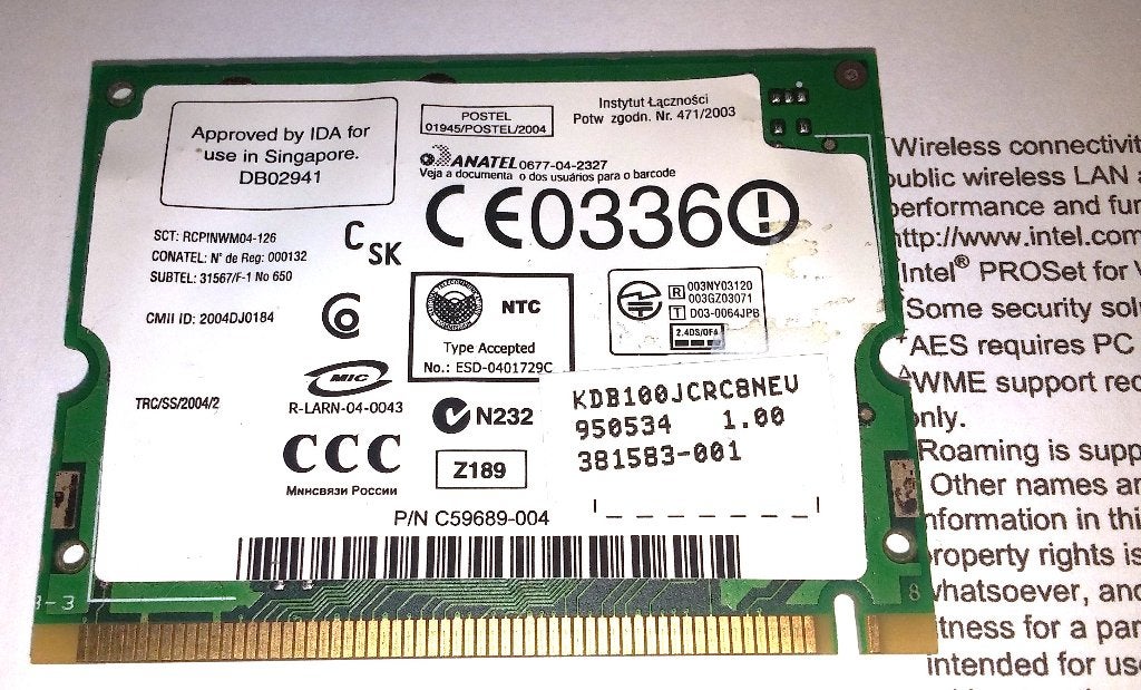 Intel PRO/Wireless 2200BG Mini PCI 2.4Ghz PCI netwerkkaart, Ophalen of Verzenden, Zo goed als nieuw, Intern, Intel