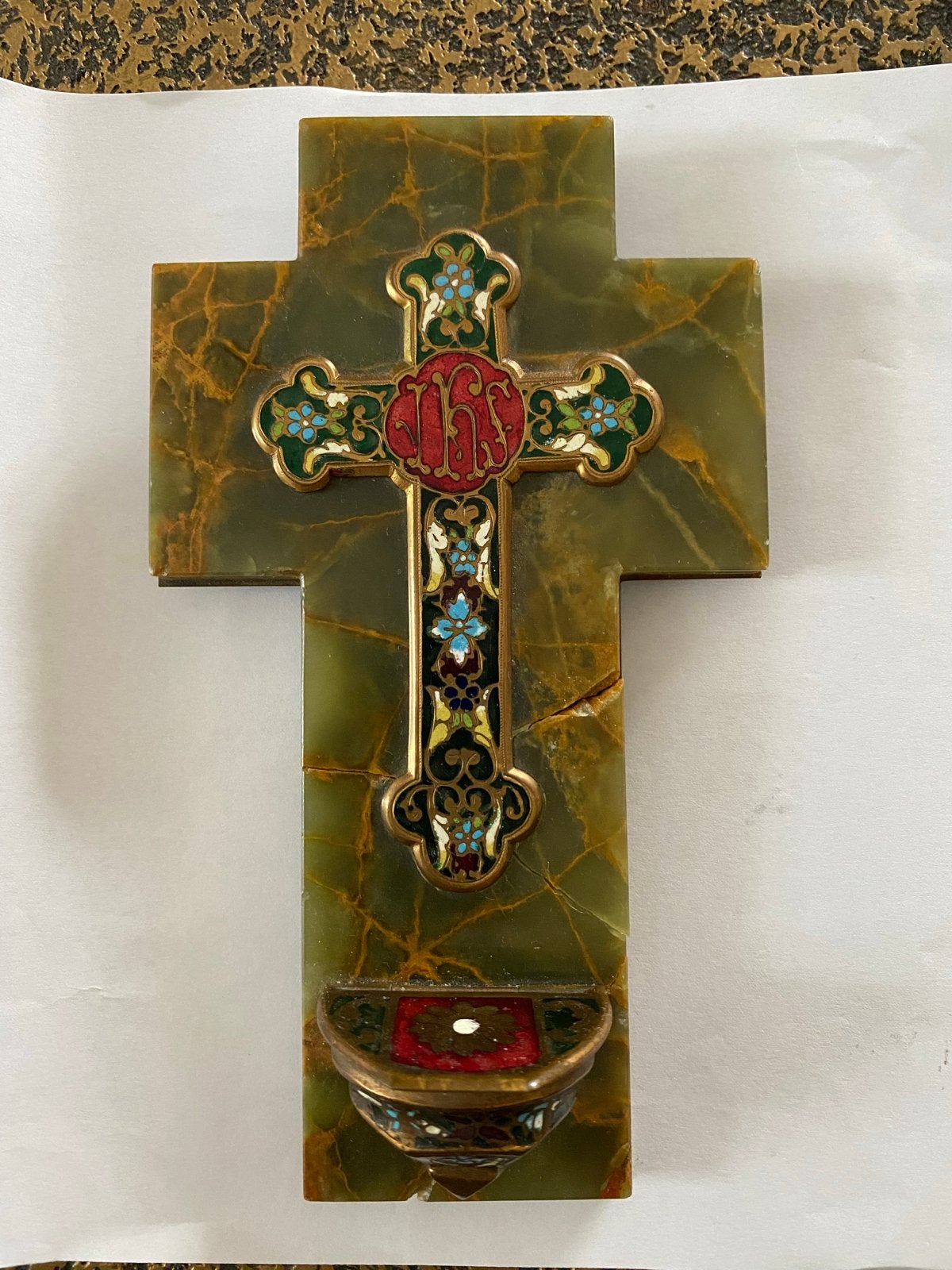Antiek Marmeren Kruis met Cloisonné Decoratie en Heiligwater, Ophalen