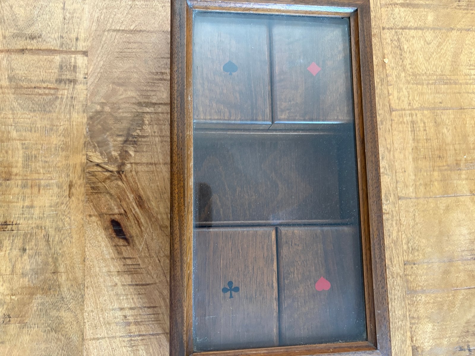 Antiek/ Vintage houten speldoos met speelkaartsymbolen, Ophalen, Gebruikt