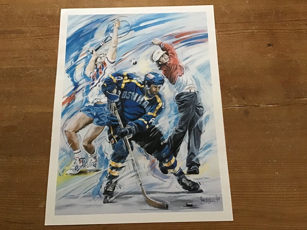 Jan Hofland litho, ijshockey, tennis en golf. Gesigneerd., Antiek en Kunst, Gesigneerd, Ophalen of Verzenden, Sport, Lithografie