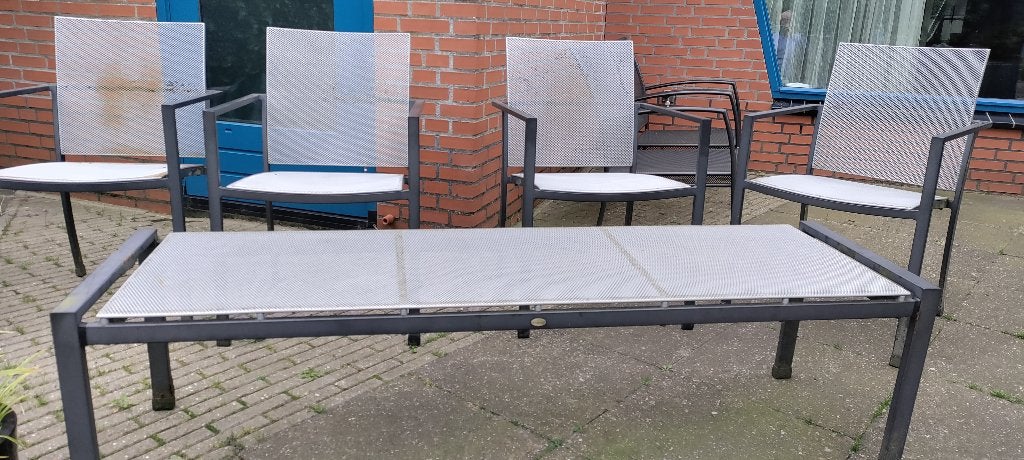 Metalen tuinset ( 4 stoelen en tafel), Tuin en Terras, Ophalen, 4 zitplaatsen, Gebruikt, Rvs