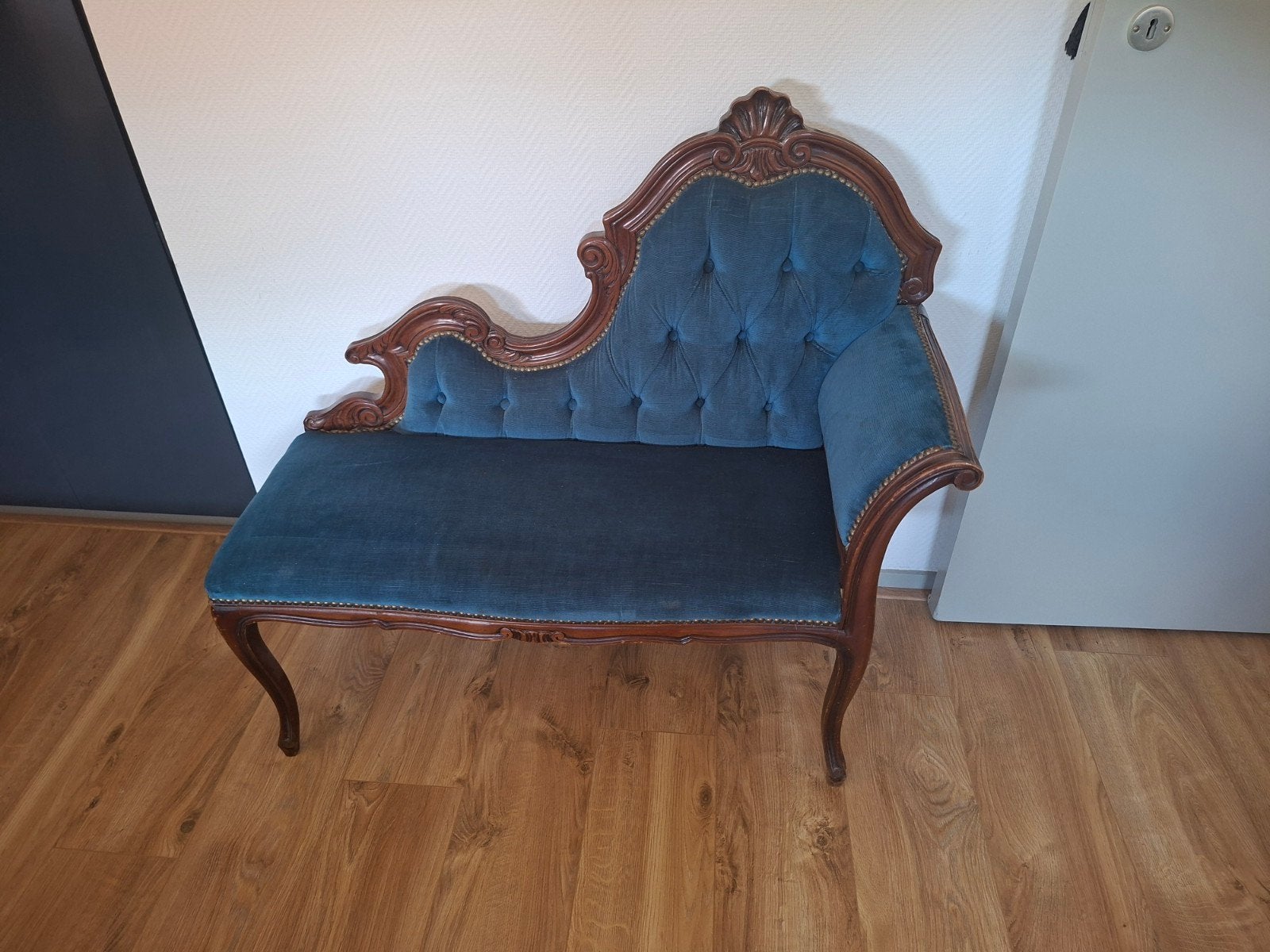 Vintage Queen Anne Chaise/Bankje - Blauw Velours, Ophalen