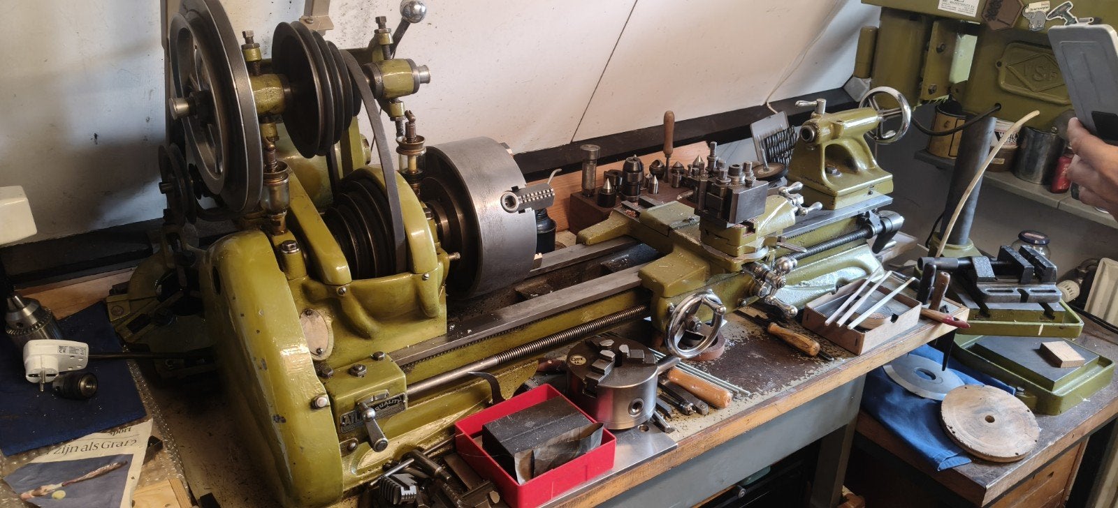Metaaldraaibank Atlas Quality met boormachine en accessoires, Ophalen, Gebruikt, Metaaldraaibank, 500 tot 1000 mm