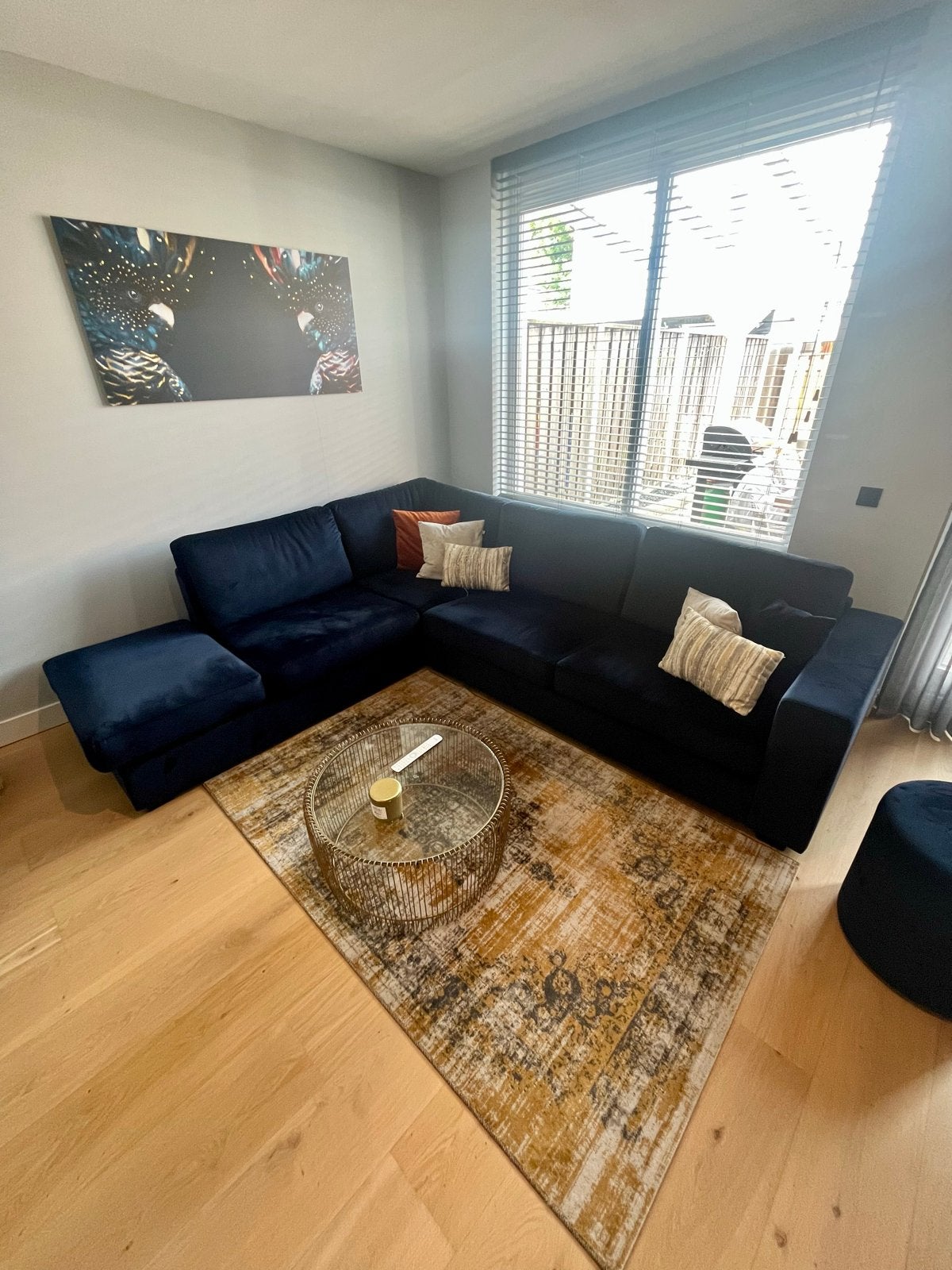 Moderne donkerblauwe hoekbank met chaise longue, Ophalen, 250 tot 300 cm, Gebruikt, 100 tot 125 cm