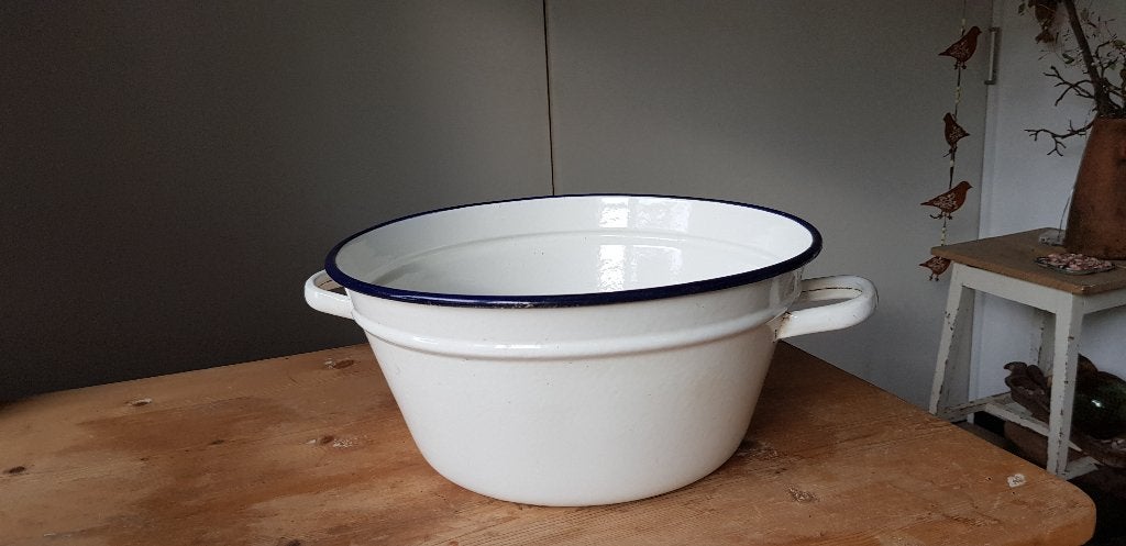 Oude vintage emaille teil. 37 x 17 cm. Crême met blauwe rand, Antiek en Kunst, Ophalen of Verzenden