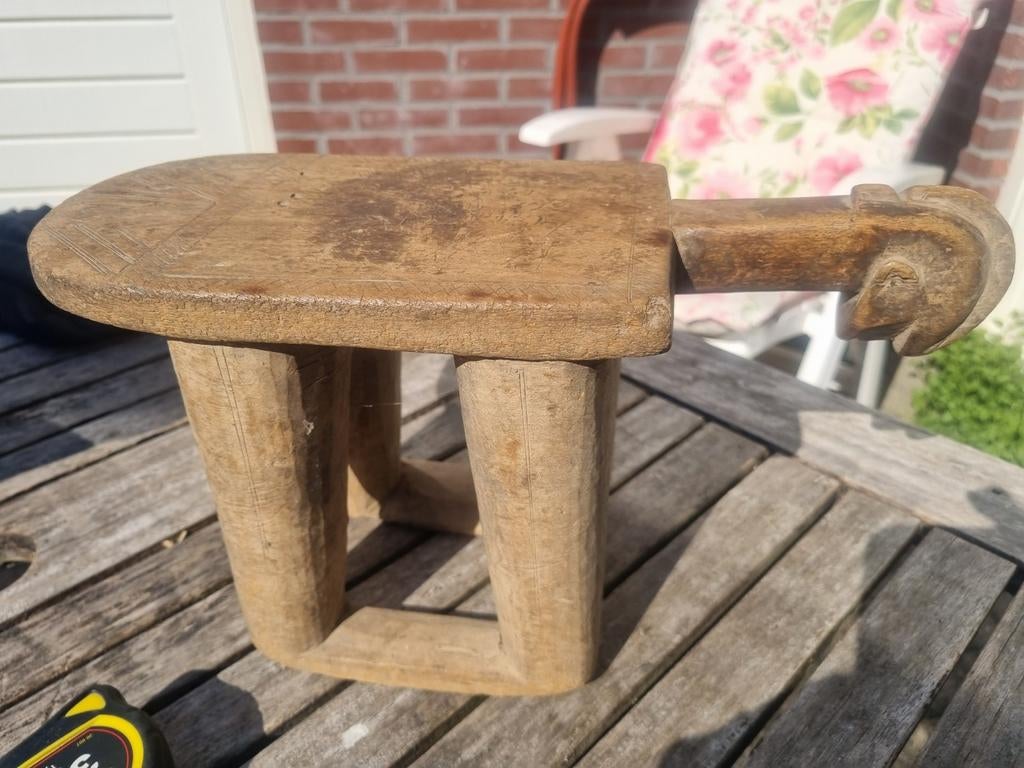Vintage Afrikaanse houten kruk met dierlijke kop, Ophalen of Verzenden