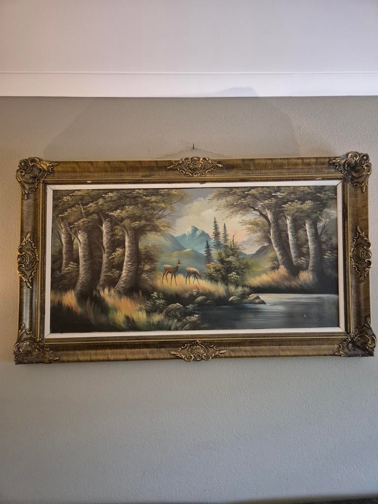 Vintage landschapsschilderij met herten – grote sierlijst, Ophalen