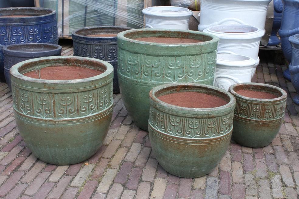 Nieuwe aardewerk bloempotten geglazuurd groen en blauw, Rond, Nieuw, Minder dan 40 cm, Ophalen