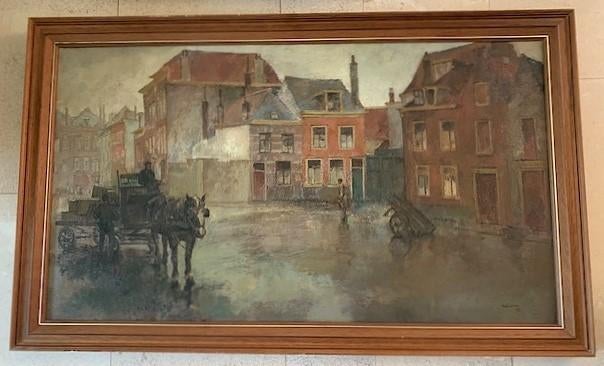 Paard en wagen in stad '42 - gesign. Heldoorn (1905-1971), Antiek en Kunst, Kunst | Schilderijen | Klassiek, Ophalen