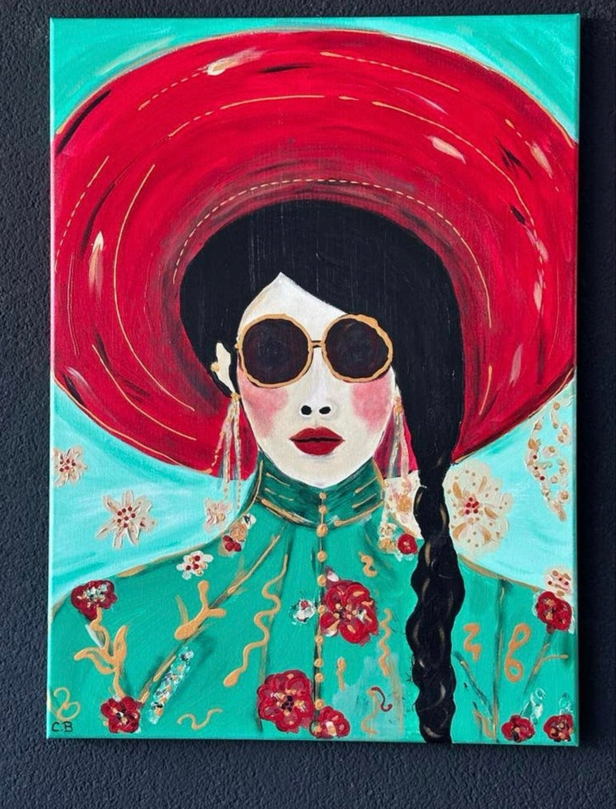 Modern portret van een vrouw met rode hoed en zonnebril, Acrylverf, Handgeschilderd, Ophalen of Verzenden, Portret
