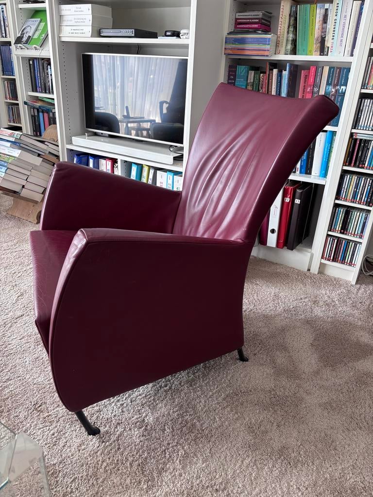 Comfortabele bordeauxrode leren fauteuil, Ophalen of Verzenden, Gebruikt, Leer, 75 tot 100 cm