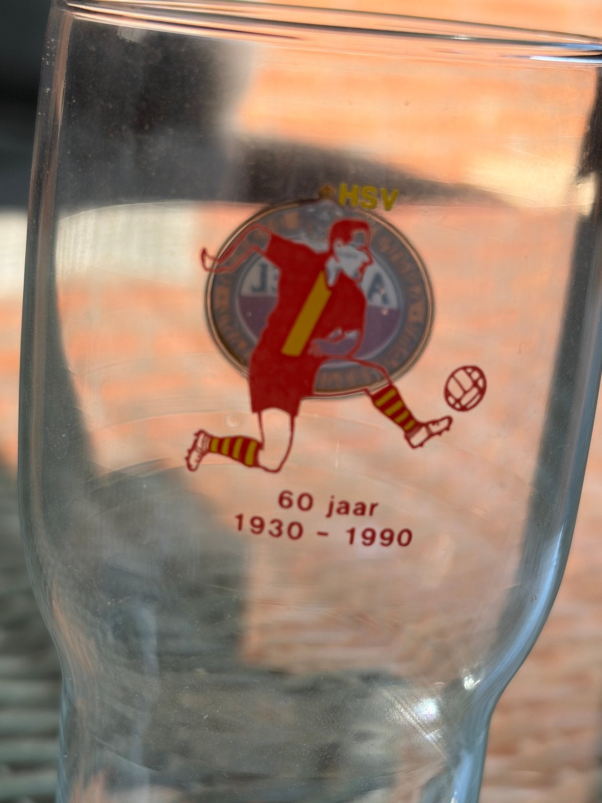 Amstel dubbeldruk glas uit 1990 HSV 60 jaar, Ophalen of Verzenden, Zo goed als nieuw, Bierglas