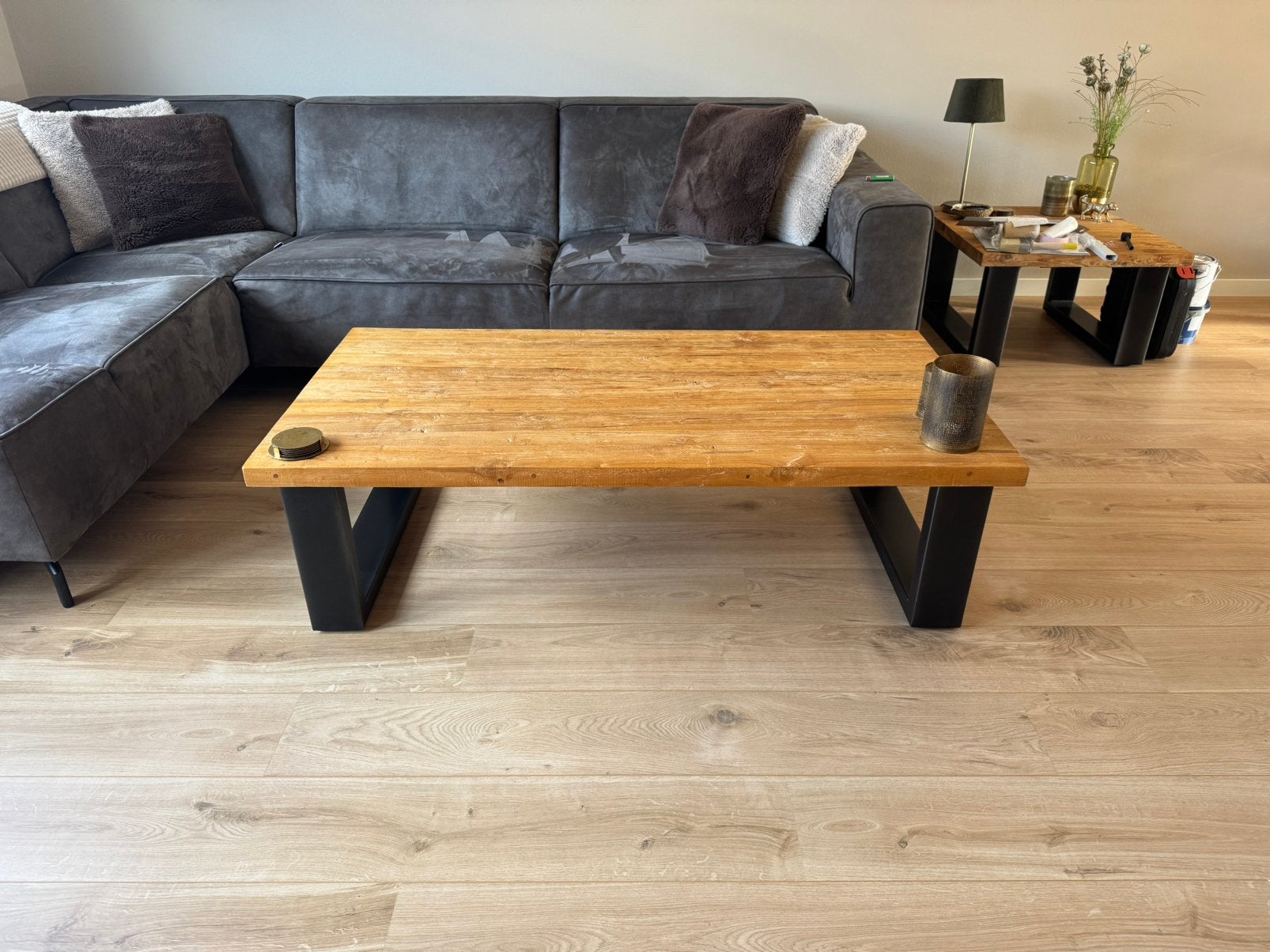 Salontafel teakhout met stalen poten 136,5x70,5, Ophalen, Gebruikt, 100 tot 150 cm, Teakhout