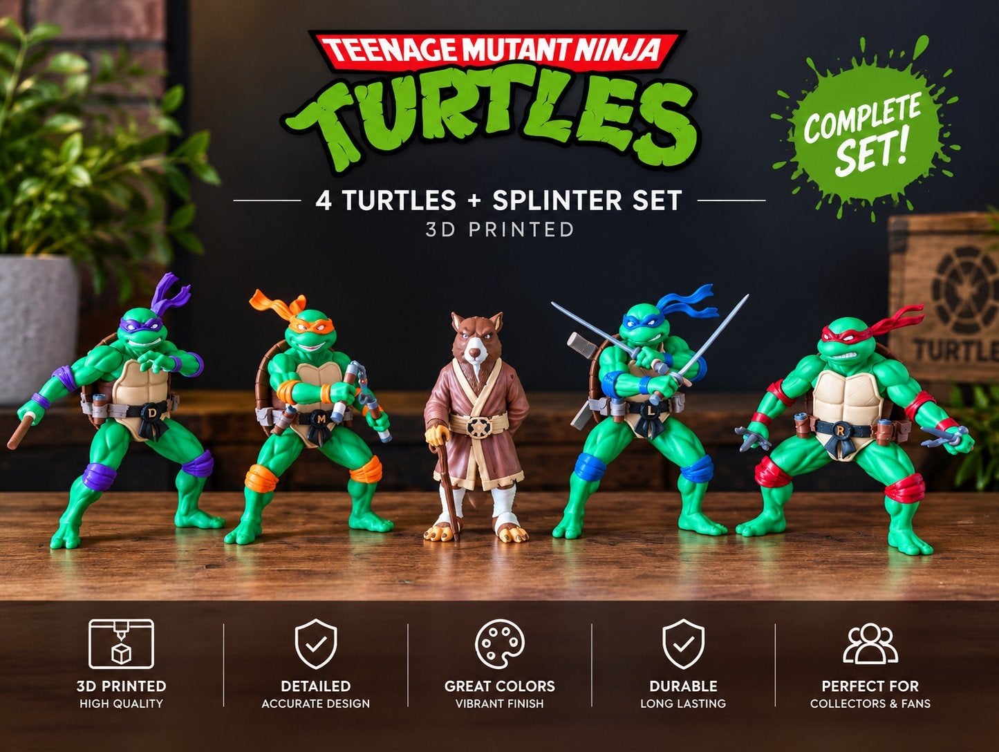 Complete set Teenage Mutant Ninja Turtles + Splinter figuren, Ophalen, Nieuw