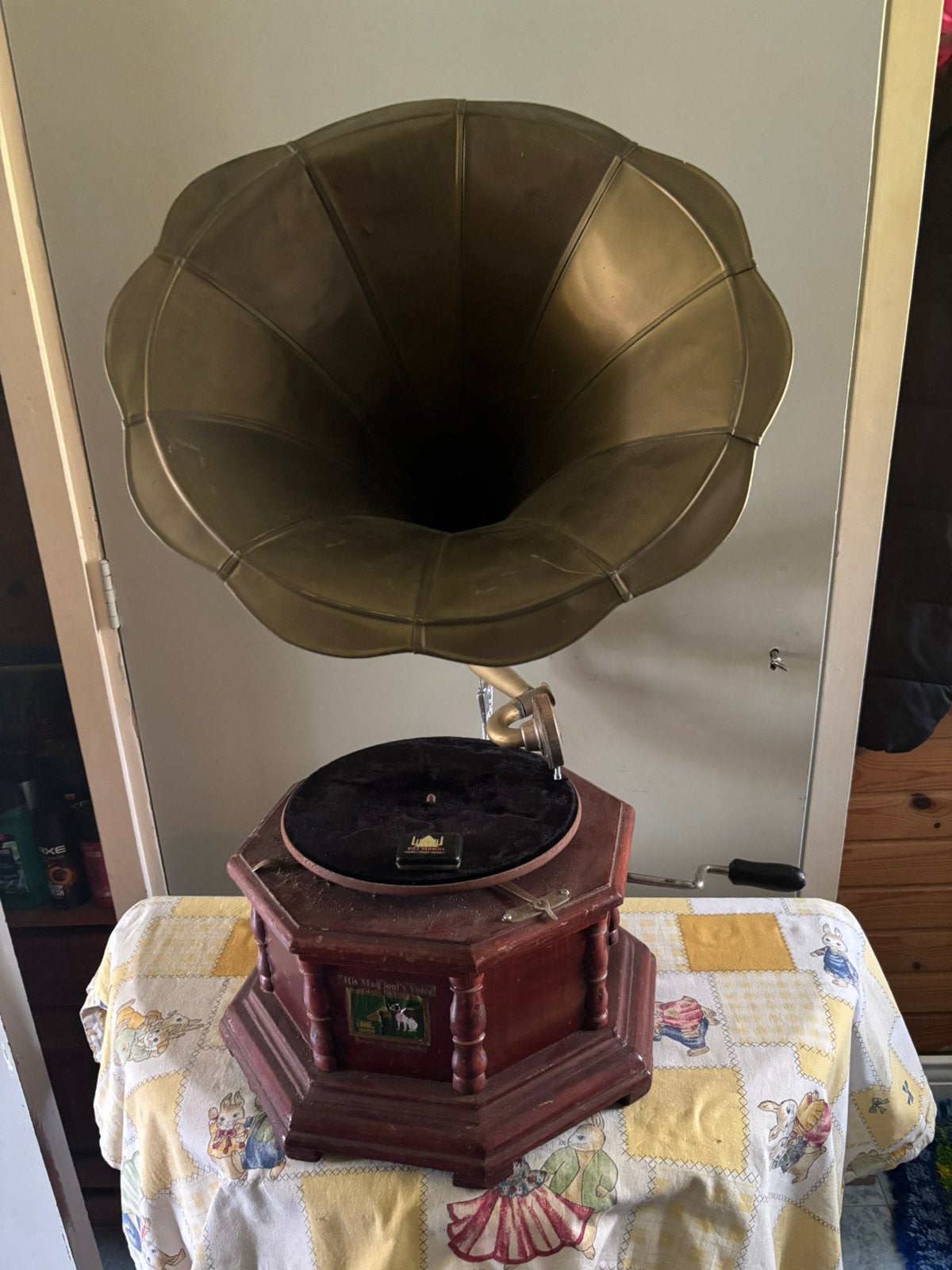 Grammofoon met hoorn vitrage retro  merk maqcool’svoice 150e, Antiek en Kunst, Ophalen of Verzenden