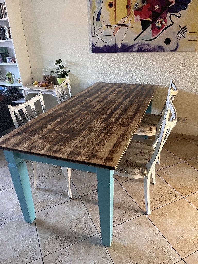 Unieke handgeschilderde eettafel met lades. Gratis stoelen!, Ophalen, Gebruikt, 50 tot 100 cm, Vijf personen of meer