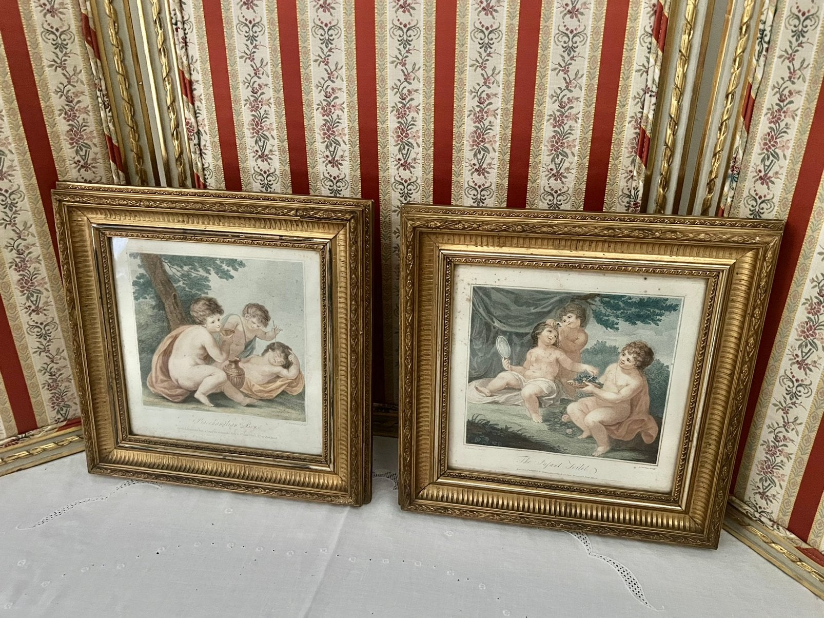 2 Vintage oude ingelijst Engels printen met Putti’s, Ophalen of Verzenden