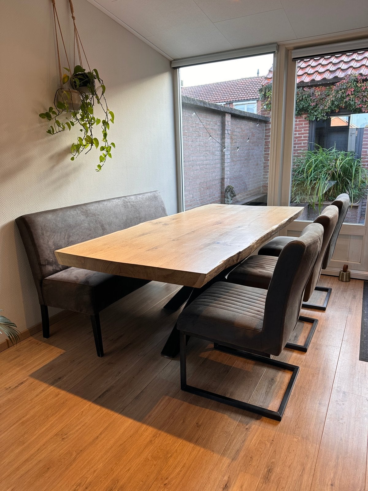 Boomstamtafel met bank en 3 stoelen, Huis en Inrichting, Ophalen, 200 cm of meer, 50 tot 100 cm, Zo goed als nieuw