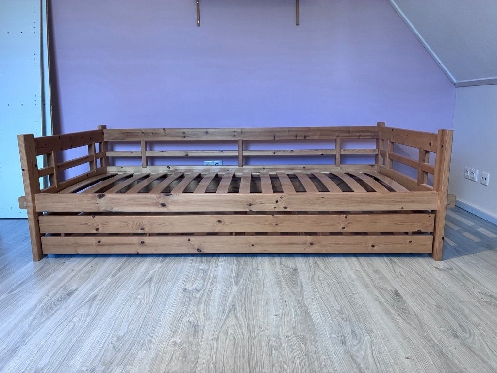Uitschuifbed Deense makelij – houten bed, Ophalen, Gebruikt, 90 cm, Bruin