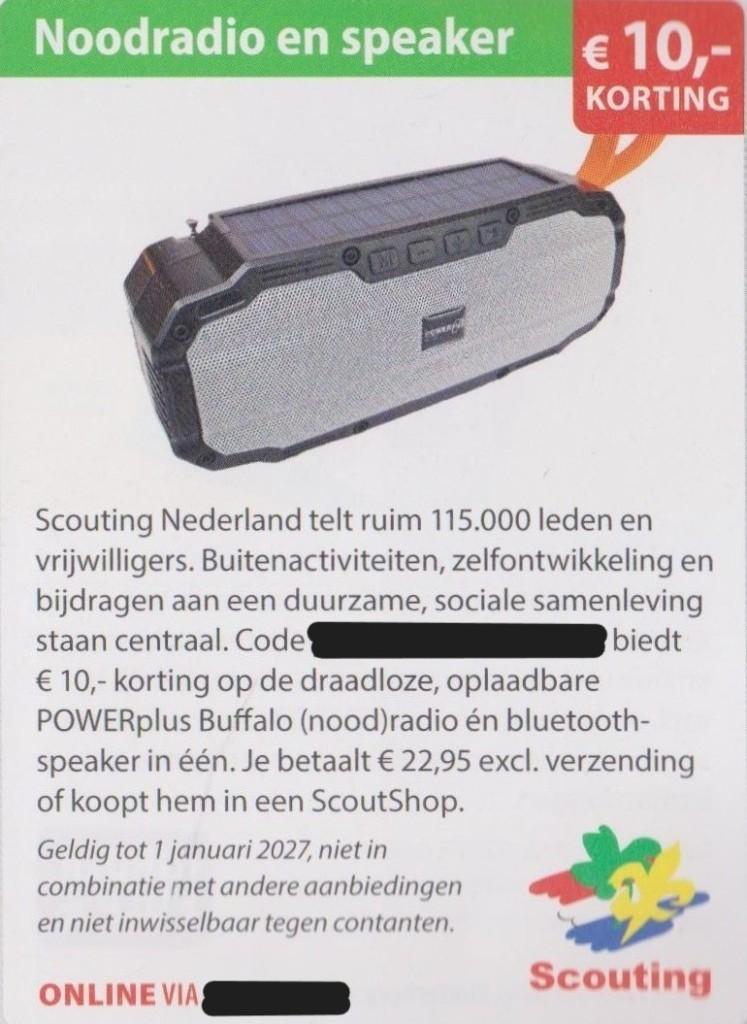 Noodradio en speaker. € 10,- korting. Postcodeloterij bon., Tickets en Kaartjes, Kortingen en Cadeaubonnen, Eén persoon, Warenhuis- of Winkelbon