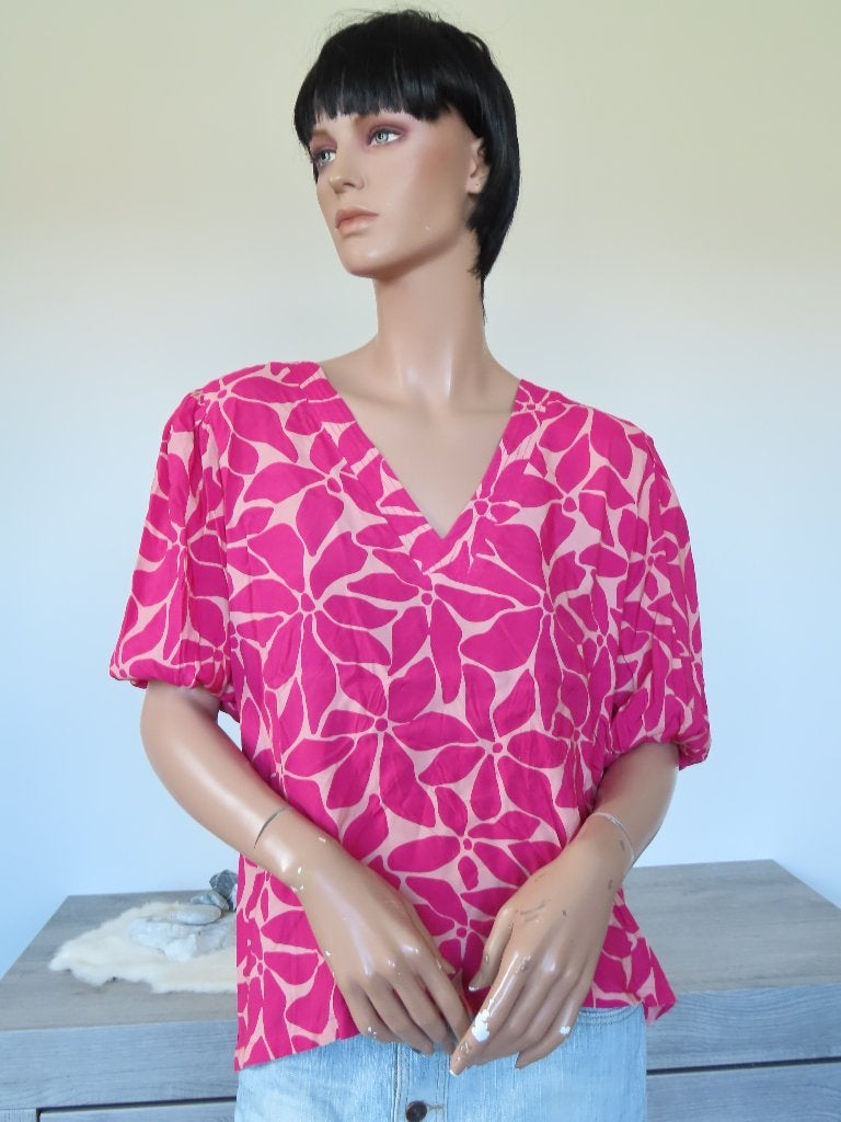 SPOOQ Zacht Roze met Fel Roze Bloemetjes Shirt/Blouse XL 42, Wit, Maat 42/44 (L), Ophalen of Verzenden, Zo goed als nieuw