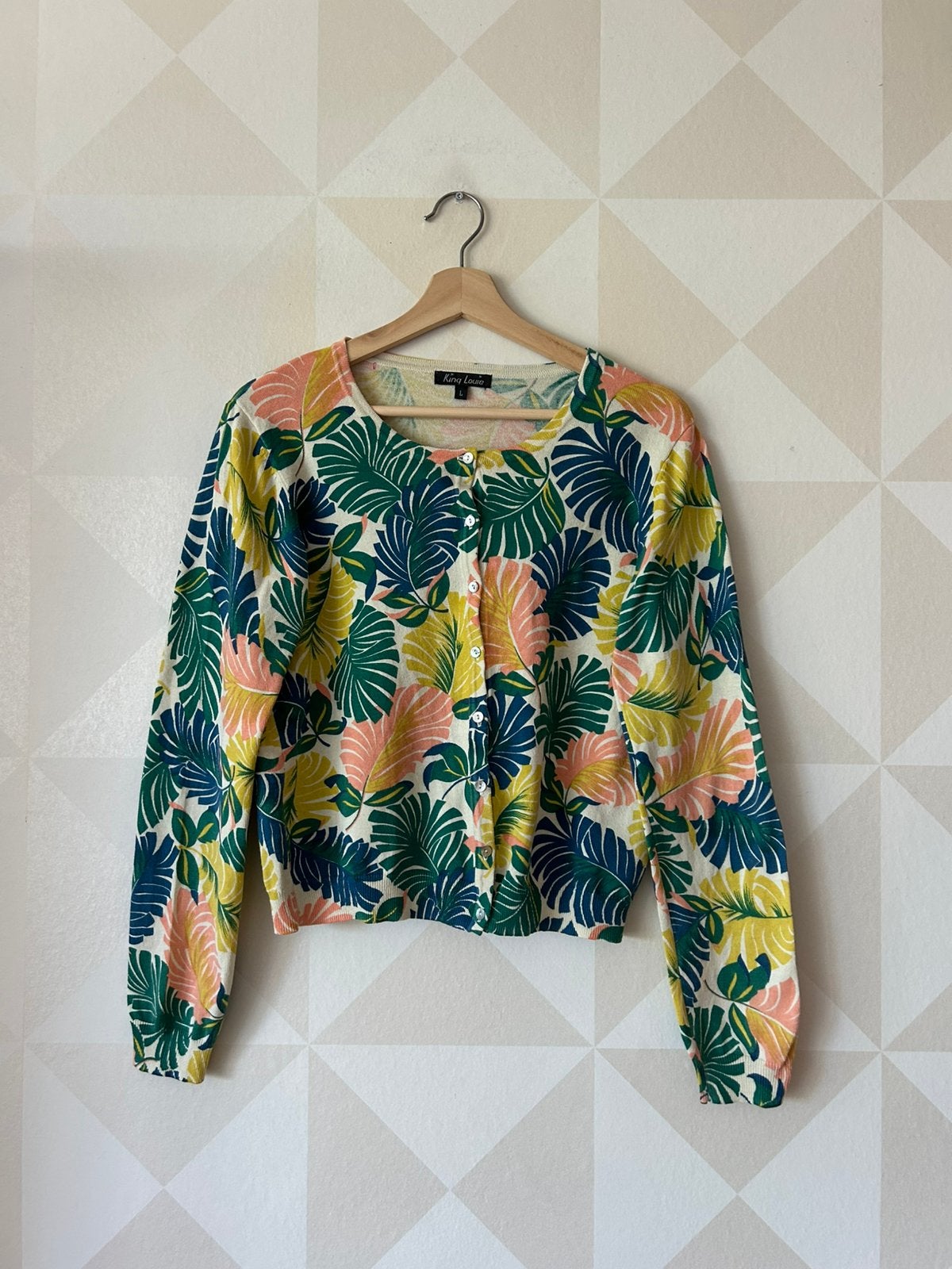 King Louie Cardi Roundneck vest geel groen blad L/40 zgan, Maat 42/44 (L), Ophalen of Verzenden, Zo goed als nieuw, King Louie