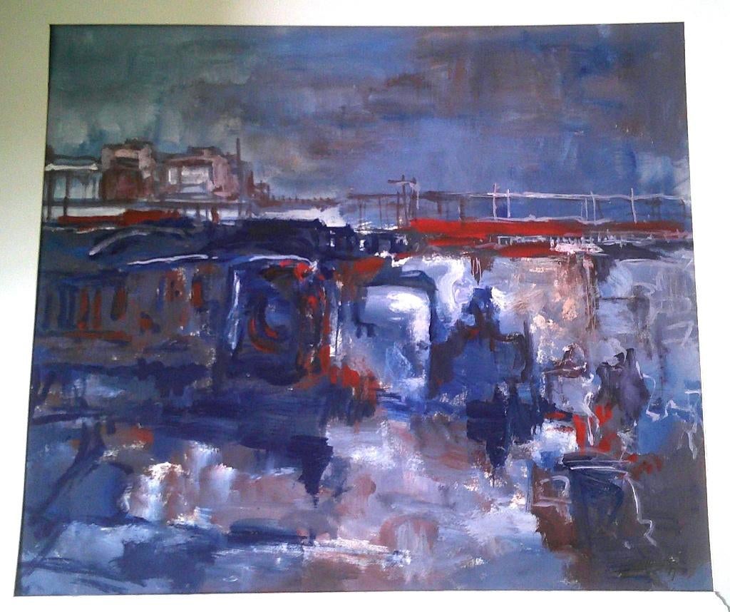 Bedrijfsterrein met spoor ? - '87 - Jelle Hoogstra 1924-2003, Antiek en Kunst, Kunst | Schilderijen | Klassiek, Ophalen of Verzenden