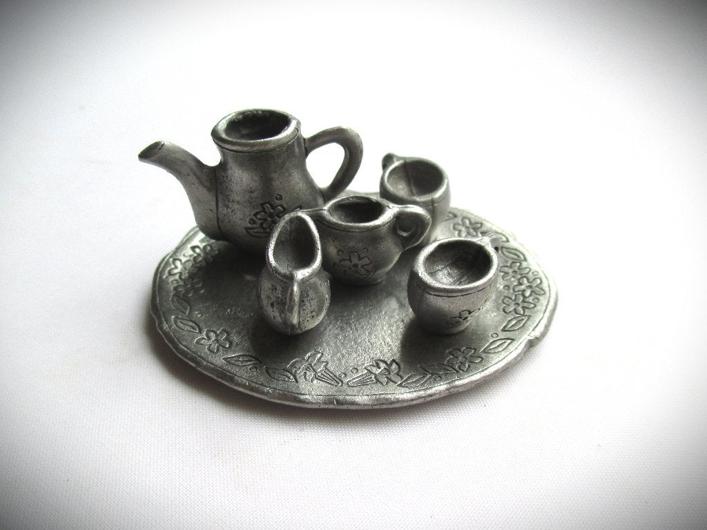 Tin Theeservies voor Poppenhuis~Miniatuur Tinnen serviesje, Antiek en Kunst, Ophalen of Verzenden