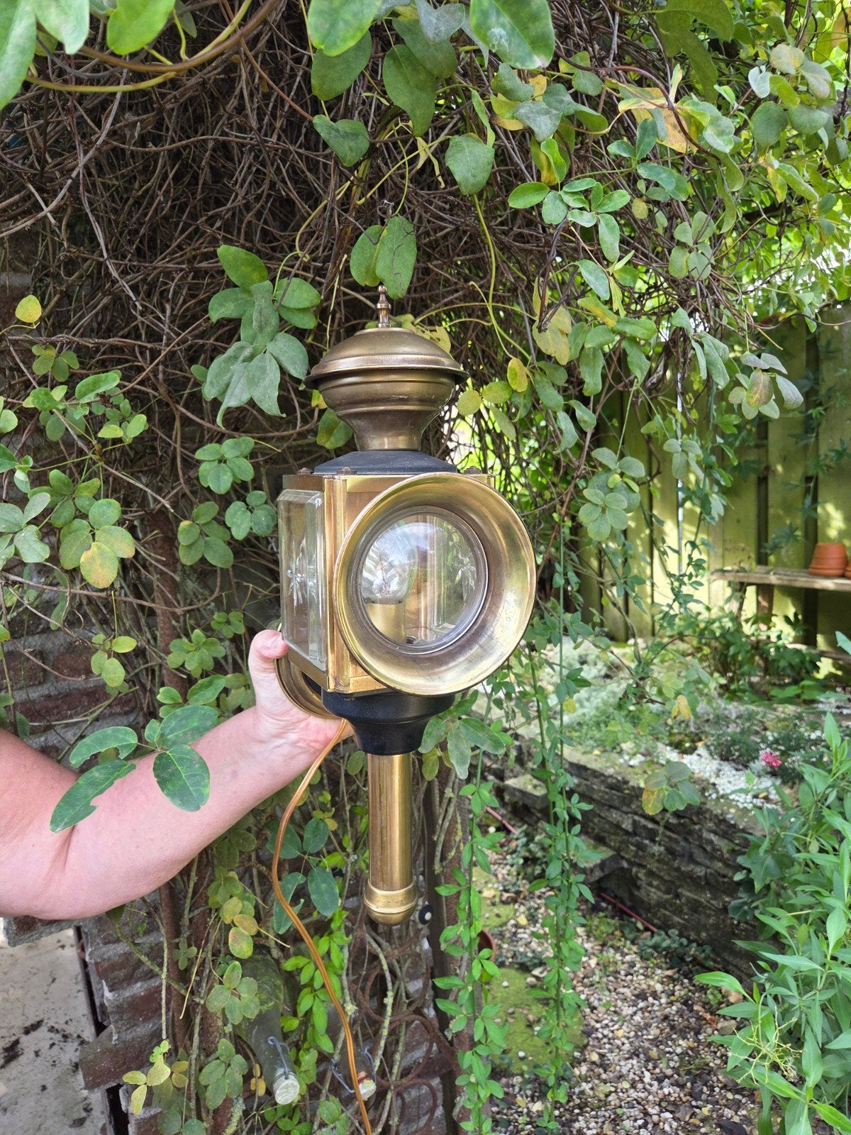 Antieke koperen koetslamp - omgebouwd tot wandlamp, Ophalen of Verzenden