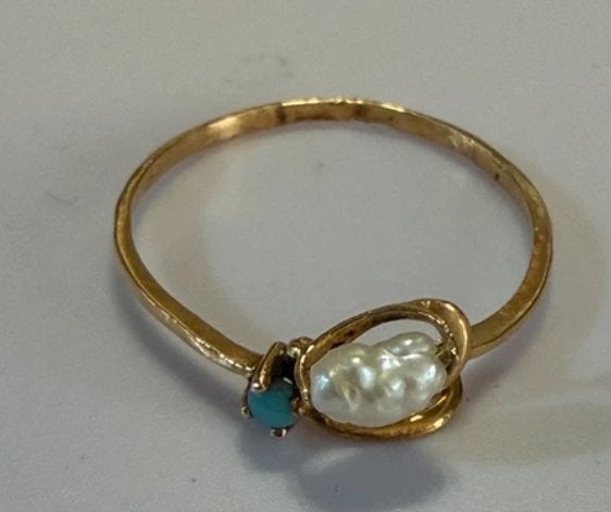 18k Gouden Ring met Parel en Blauwe Steen, Met edelsteen, Gebruikt, Verzenden, Kleiner dan 17