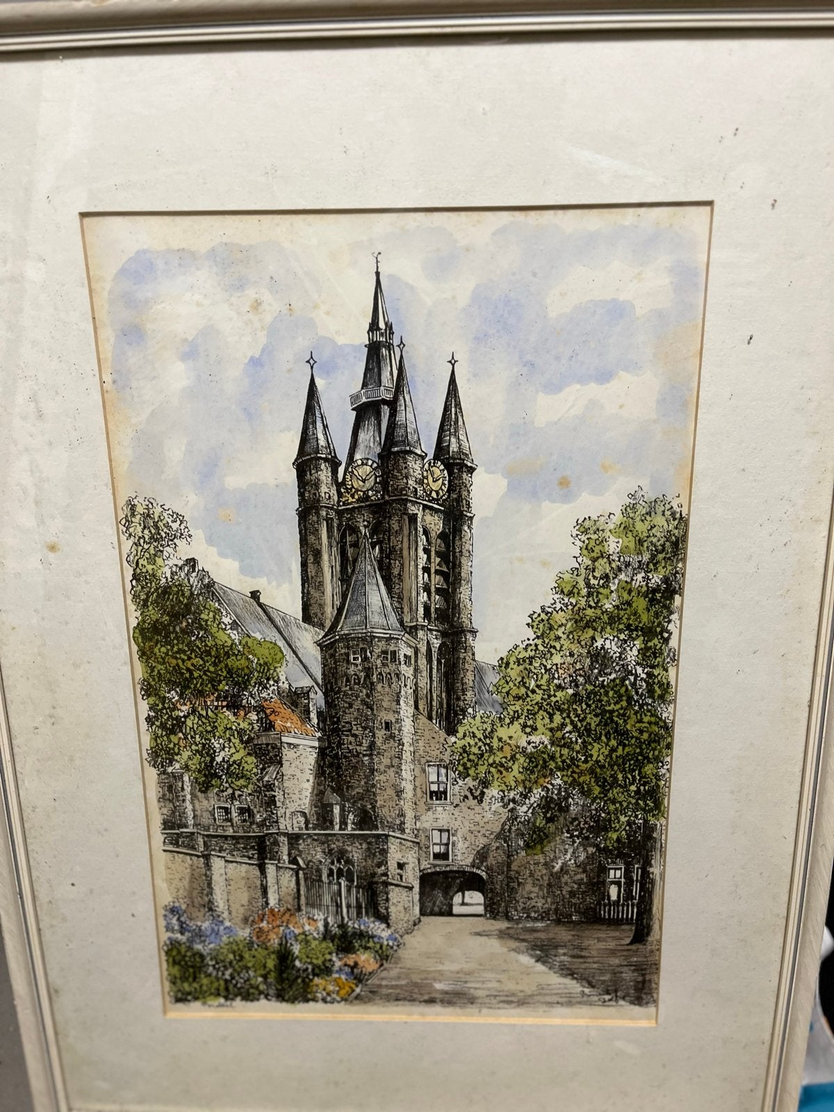 Oude Kerk Delft aquarel/tekening, Ophalen of Verzenden, Tekening, Aquarel, Handgemaakt