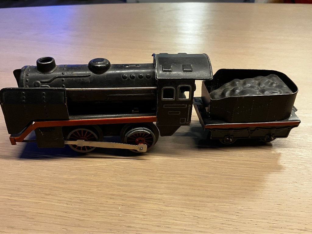 Beckh spoor 0 opwindtrein met tender en 3 wagons 1950 - 1960, Overige merken, Gelijkstroom, Verzenden, Gebruikt