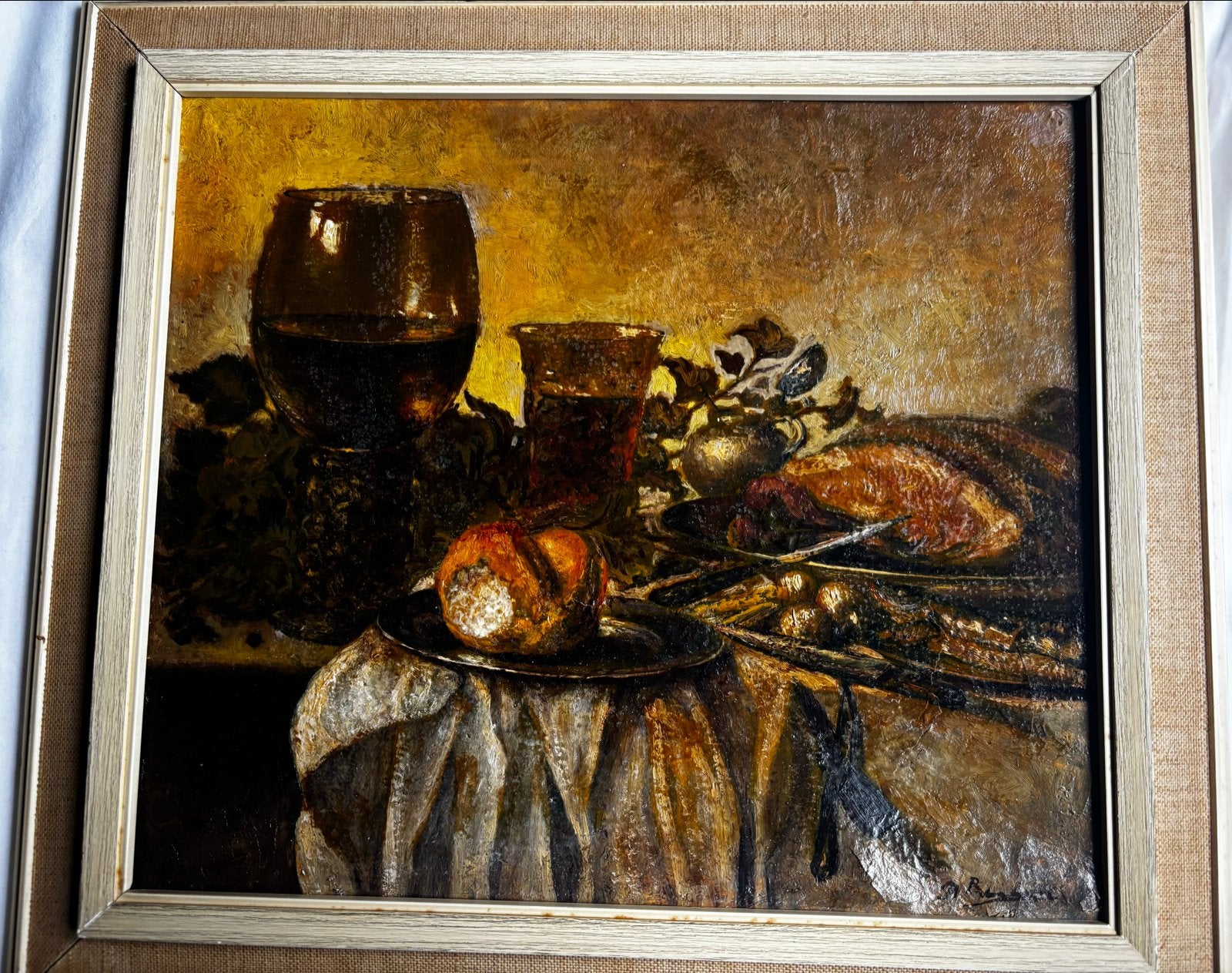 Olieverf Stilleven met Wijn, Fruit en Wild - Gesigneerd, Doek, Stilleven, Ophalen of Verzenden, Gesigneerd
