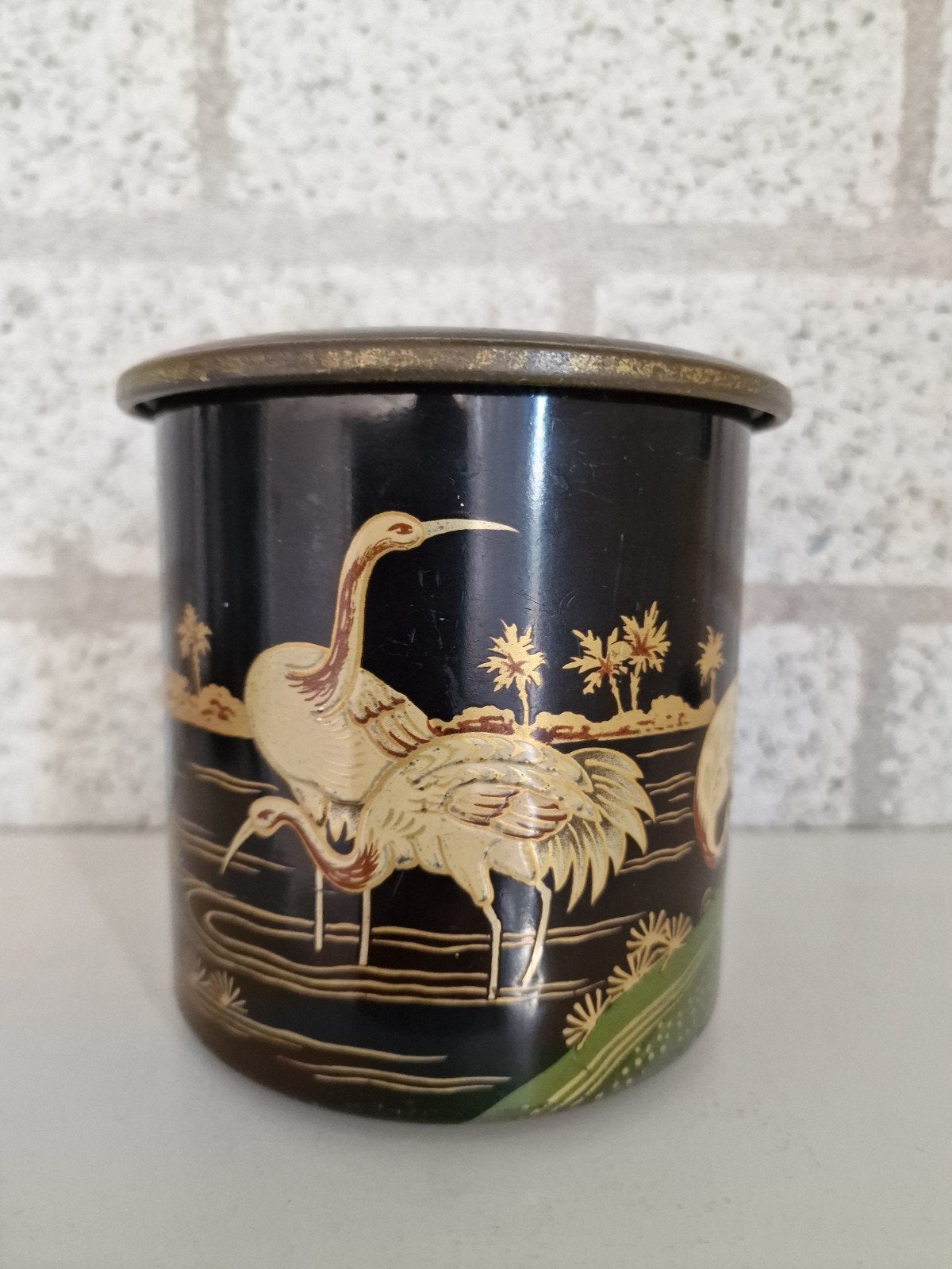 Oud ( chinees )thee blik met kraanvogels, Ophalen of Verzenden