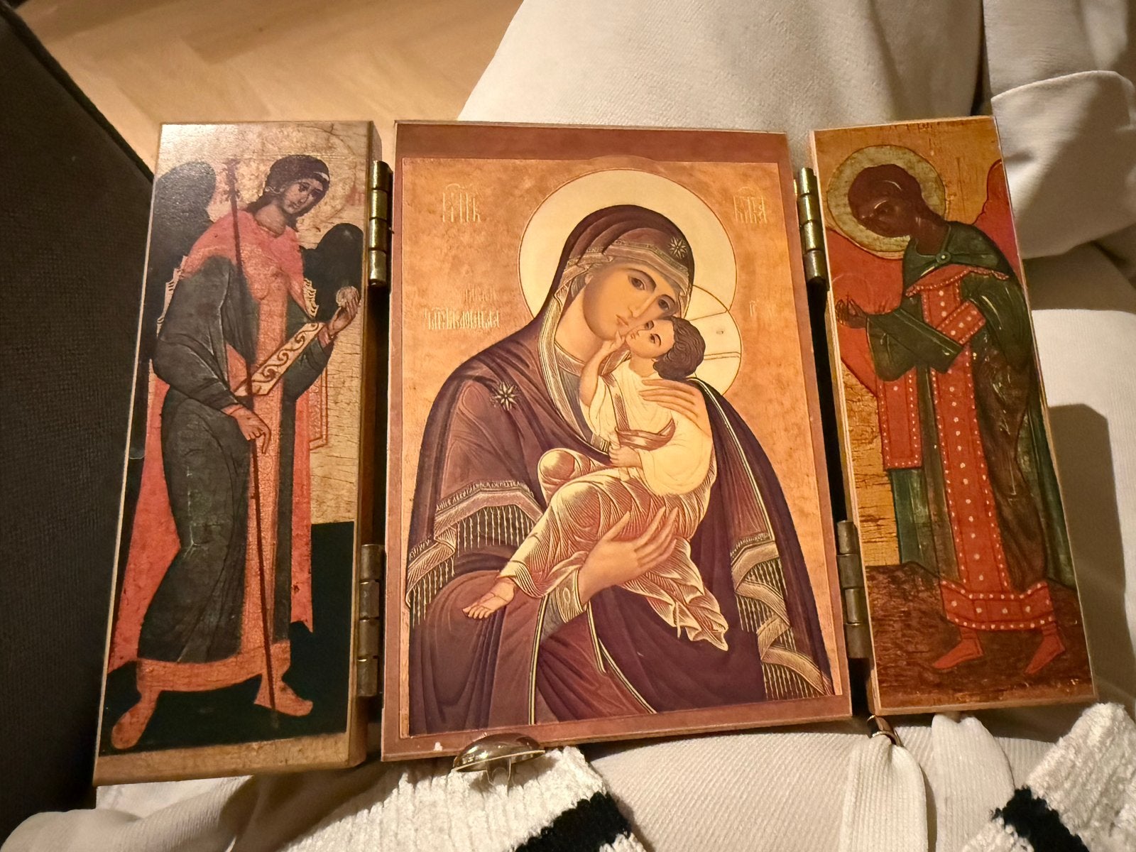 Russisch icoon drieluik - Maria met kind en engelen, Ophalen of Verzenden