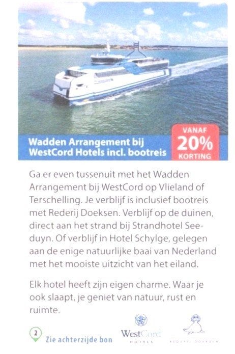 Wadden Arrangement bij WestCord Hotels met bootreis korting, Tickets en Kaartjes, Hotelbonnen, Drie personen of meer, 3 overnachtingen of meer