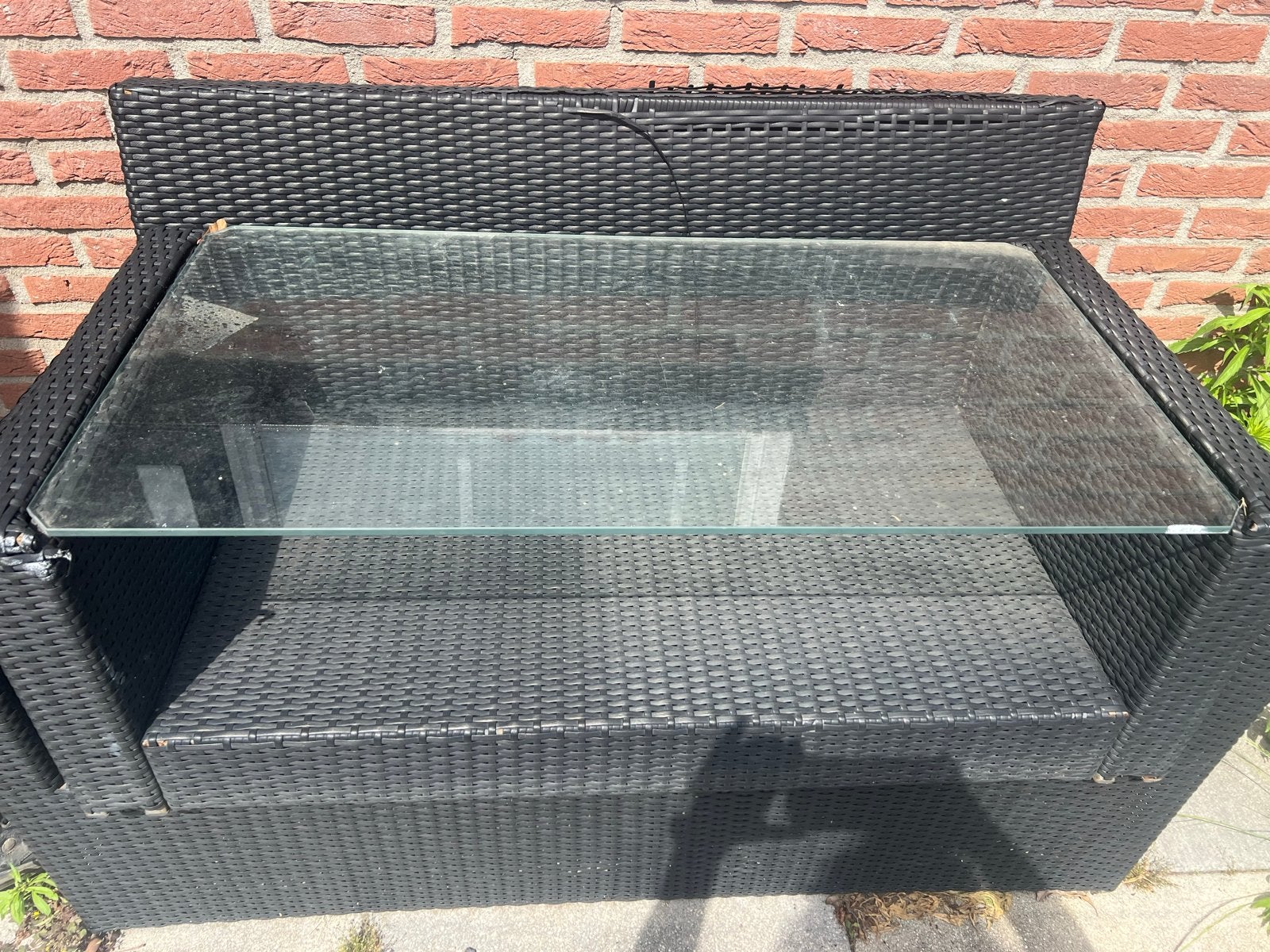 Compacte Wicker Tuinset/Balkonset met Glazen Tafelblad, 2 zitplaatsen, Gebruikt, Ophalen of Verzenden, Wicker