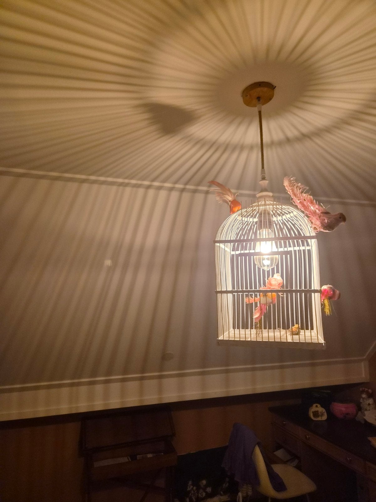 Unieke vogelkooi lamp met decoratieve vogels, Ophalen, E27 (groot), Bohemian, Speels, Uniek, Textiel
