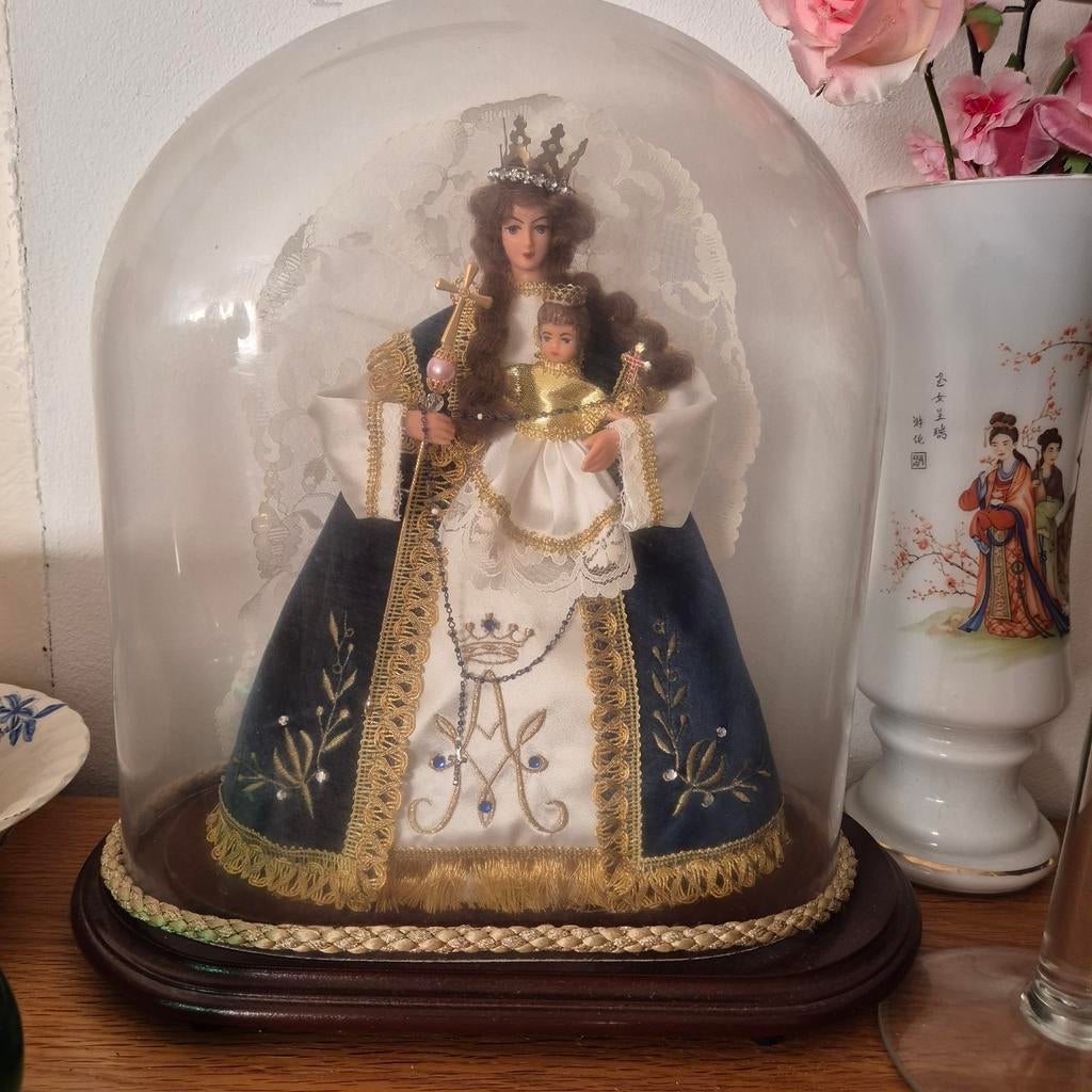 Antieke Maria met kind beeld in stolp, Ophalen of Verzenden