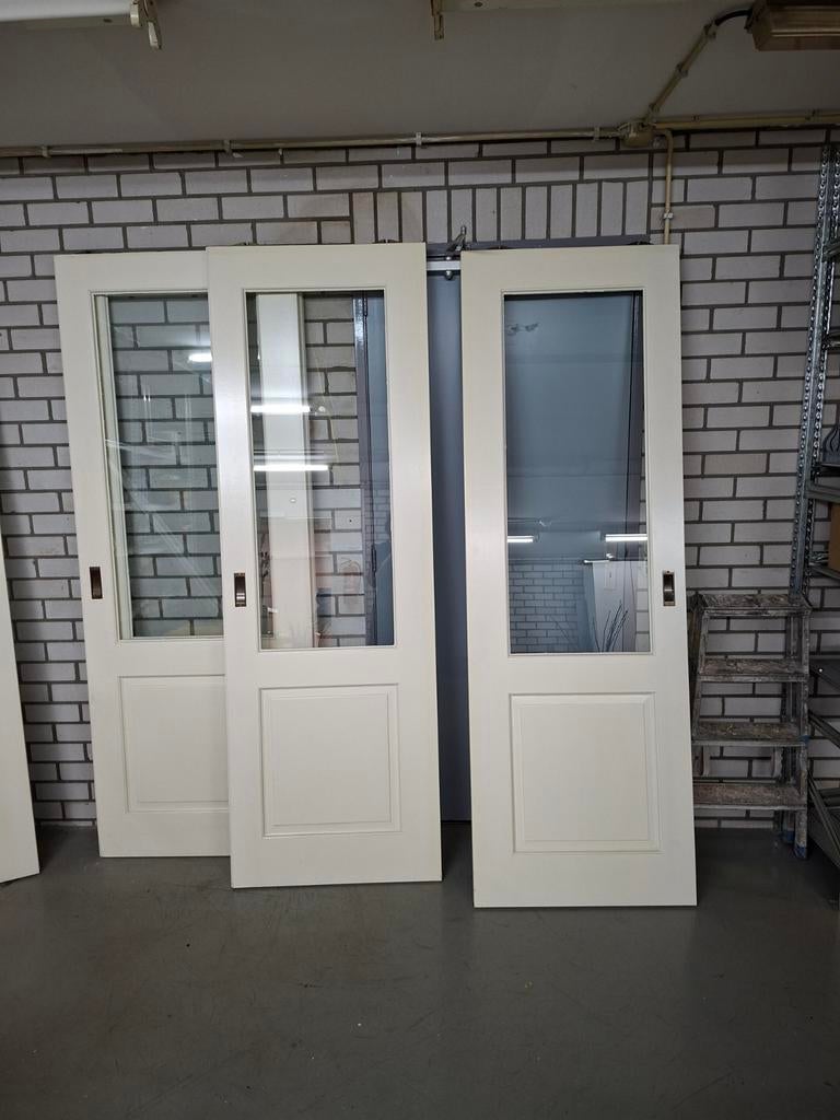 Set van 3 houten schuifdeuren met glas, Doe-het-zelf en Verbouw, Deuren en Horren, Ophalen, Gebruikt, 80 tot 100 cm, Binnendeur