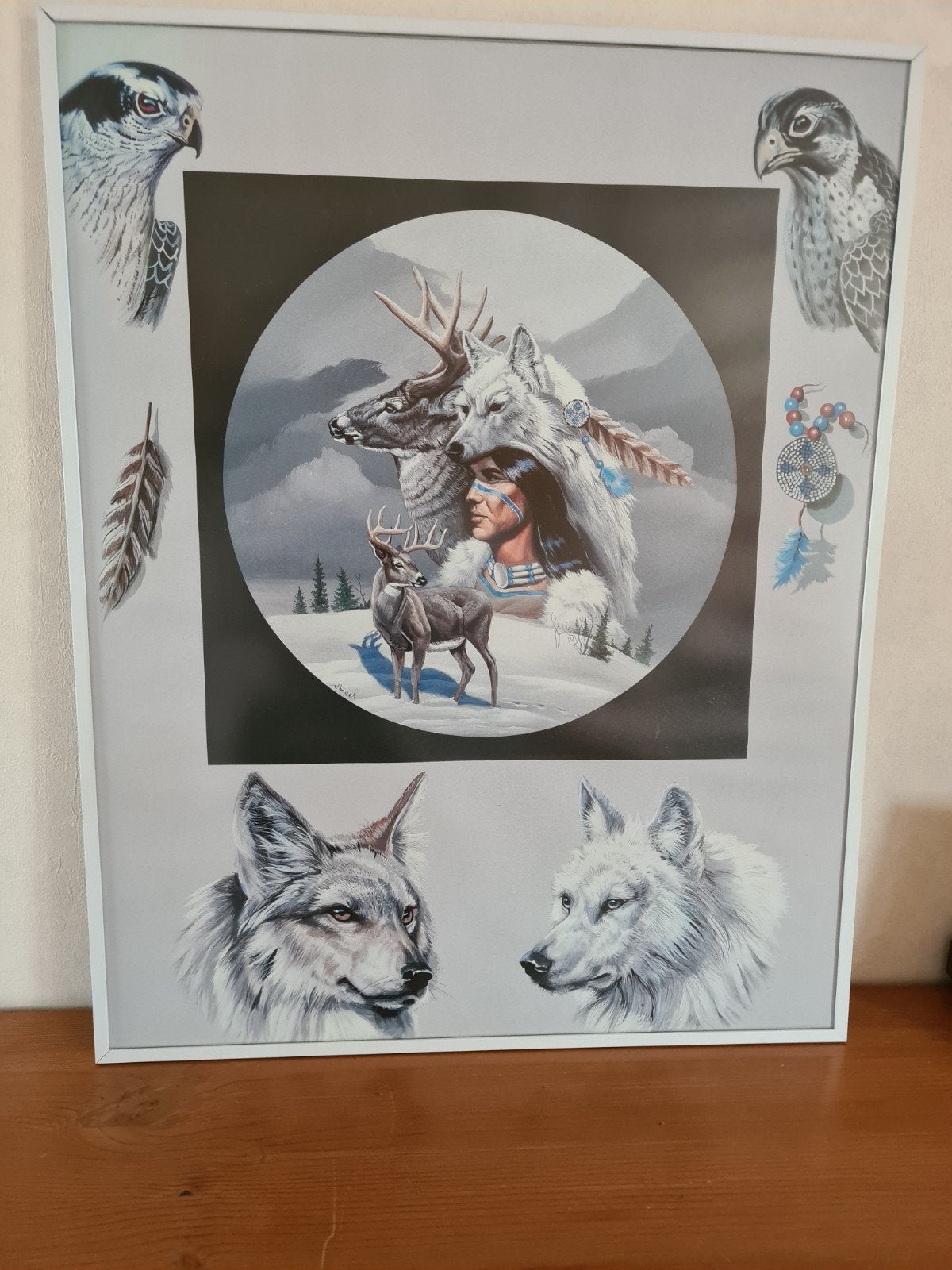 Ingelijste print: Indiaan, wolf, hert en adelaars, 50x40cm., Ophalen, 50 – 75, 50 tot 75 cm, Print