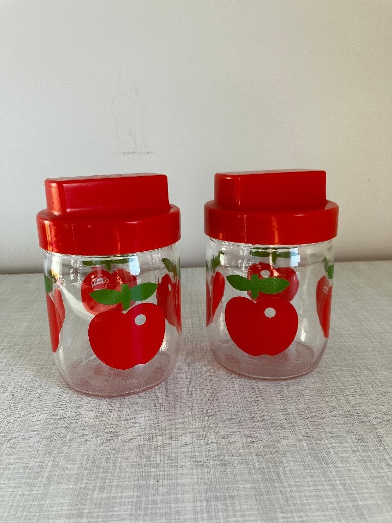 Gulf voorraad potjes 2 stuks vintage, Ophalen of Verzenden, Voorraadpot, Rood, Glas