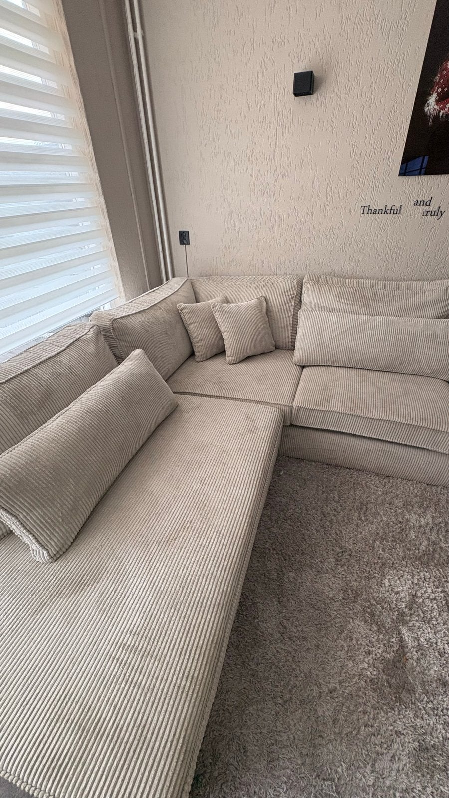 Comfortabele light grey ribstof hoekbank - Zo goed als nieuw, Ophalen, 250 tot 300 cm, 100 tot 125 cm, Hoekbank