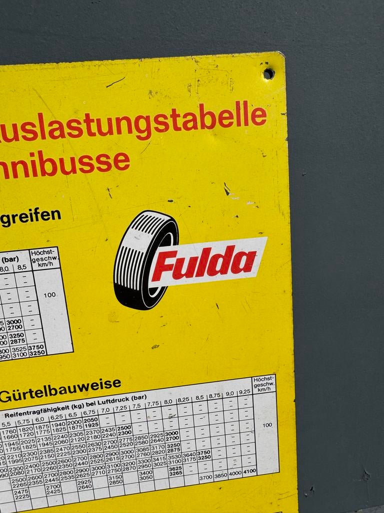 Fulda bandenspanningstabel voor vrachtwagens en bussen, Verzamelen, Reclamebord, Gebruikt, ., Ophalen of Verzenden