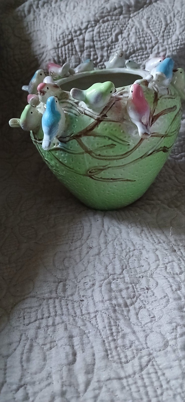 Grote (mint) groene vaas van Des Pots met vogels/vogeltjes, Nieuw, Ophalen of Verzenden, Steen/keramiek, Groen