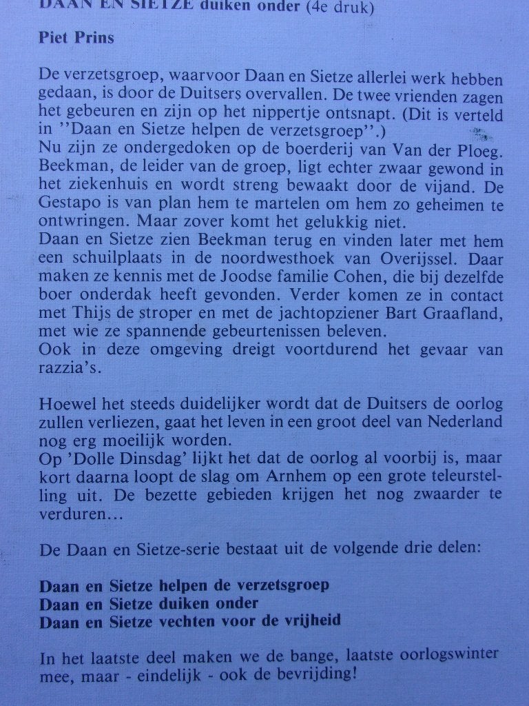 3 DELEN: DAAN en SIETZE  (PIET PRINS), Ophalen of Verzenden, Tweede Wereldoorlog, Zo goed als nieuw, Overige onderwerpen