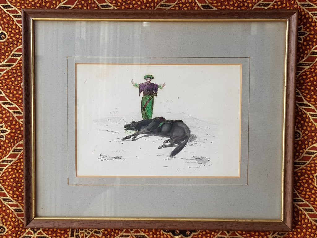 Man met paard mooie oude ingelijste Oosterse aquarel 27 cm., Antiek en Kunst, Meerkleurig, Ophalen of Verzenden, Schilderij, Handgemaakt